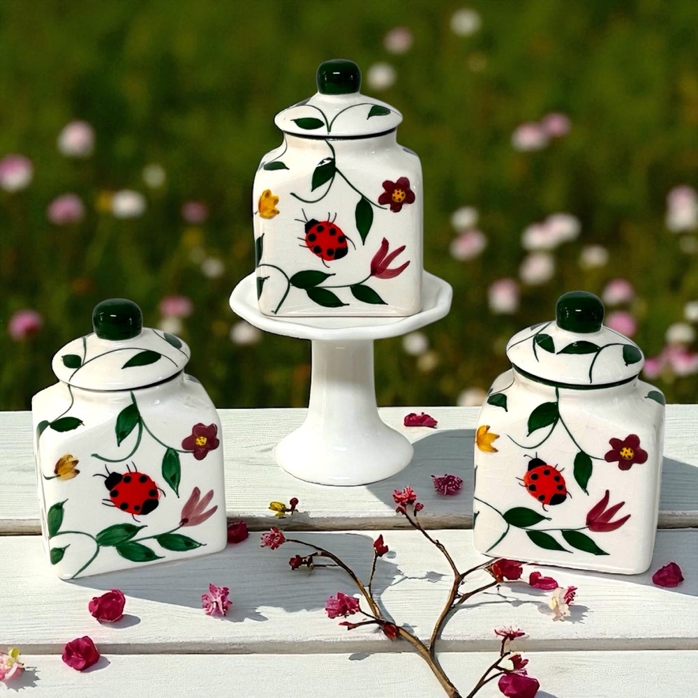 Vintage Style Baum Bros Ladybugs Butterflies Set 3 Spice Jars
